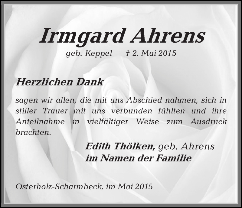 Traueranzeige von Irmgard Ahrens von Osterholzer Kreisblatt