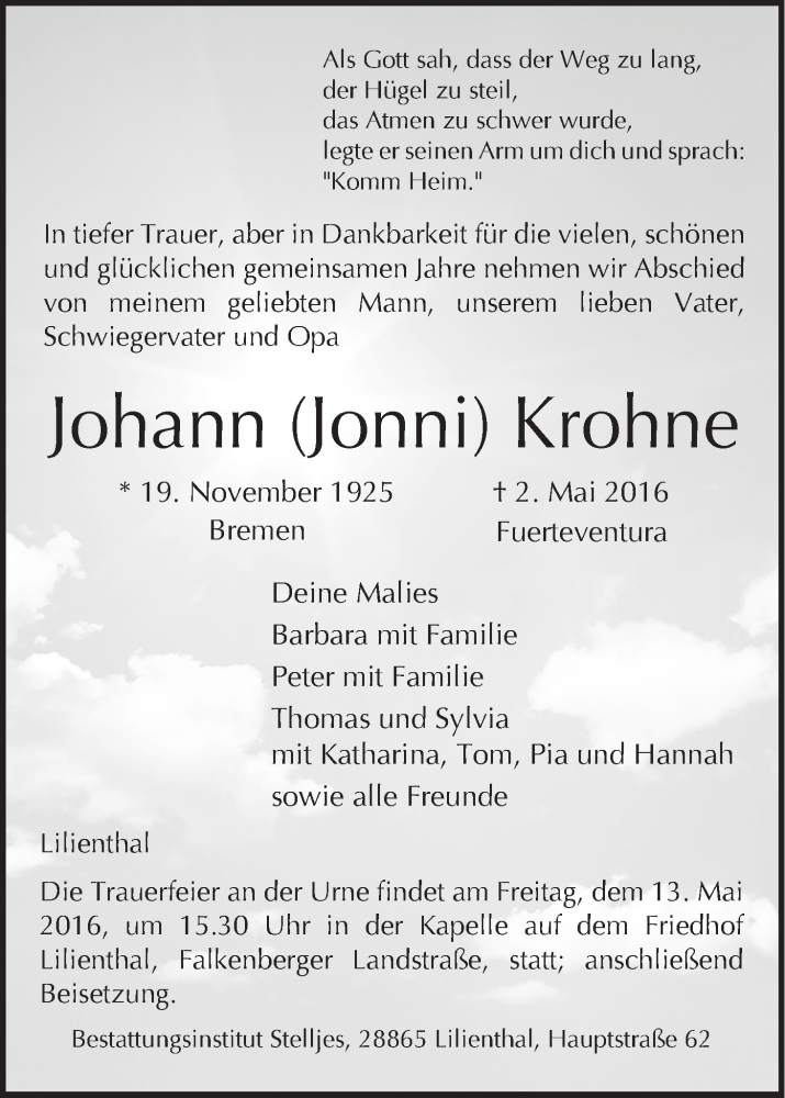 Traueranzeige von Johann (Jonni) Krohne von Wuemme Zeitung