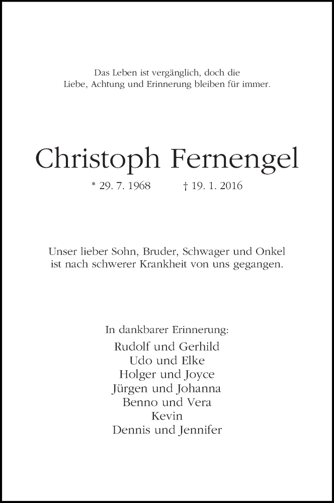  Traueranzeige für Christoph Fernengel vom 21.01.2016 aus WESER-KURIER