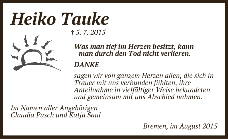  Traueranzeige für Heiko Tauke vom 15.08.2015 aus WESER-KURIER