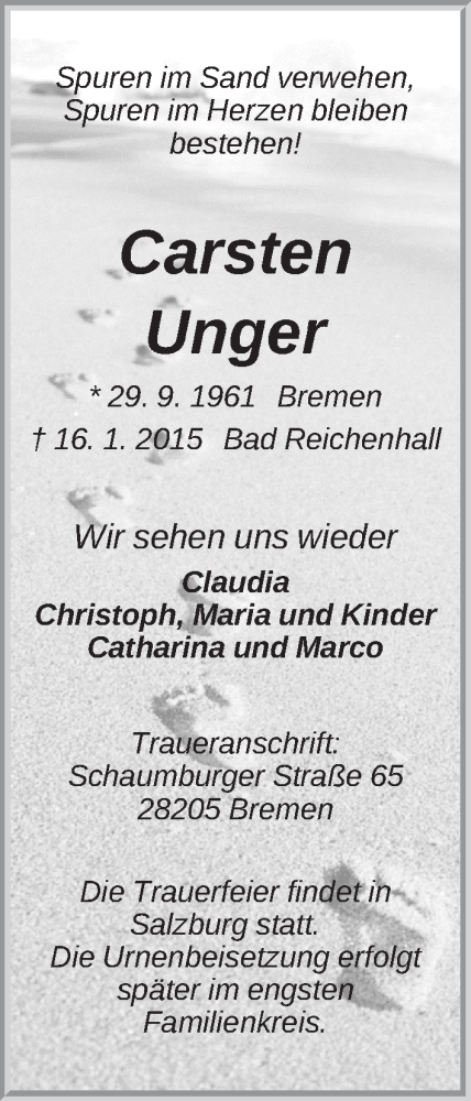  Traueranzeige für Carsten Unger vom 22.01.2015 aus WESER-KURIER