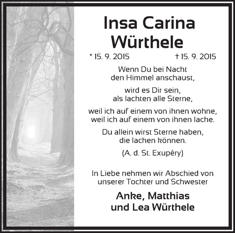  Traueranzeige für Insa Carina Würthele vom 18.09.2015 aus Osterholzer Kreisblatt