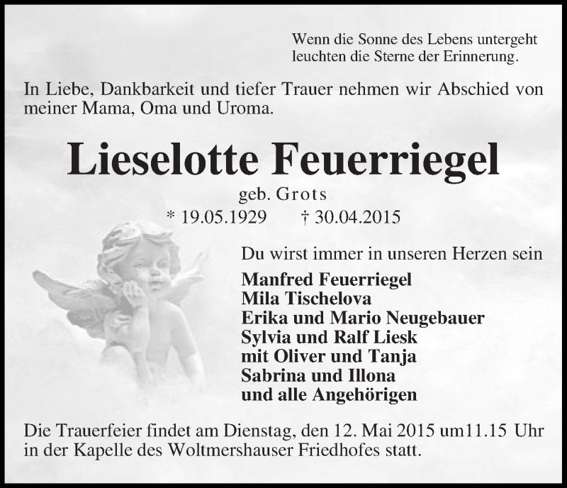  Traueranzeige für Lieselotte Feuerriegel vom 09.05.2015 aus WESER-KURIER