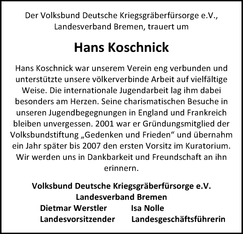  Traueranzeige für Hans Koschnick vom 26.04.2016 aus WESER-KURIER
