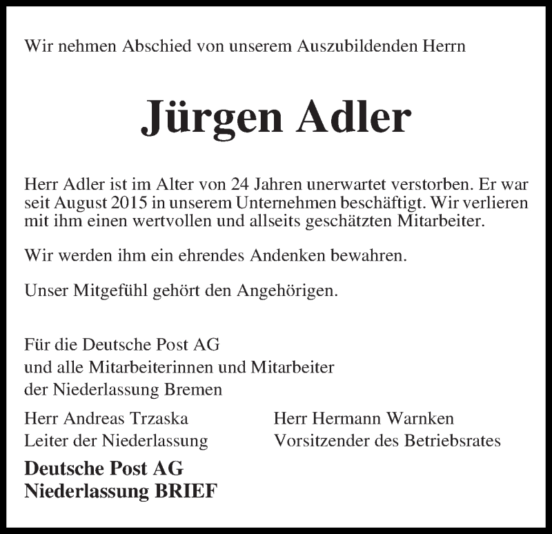  Traueranzeige für Jürgen Adler vom 19.03.2016 aus WESER-KURIER