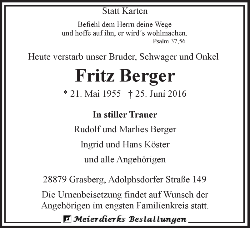  Traueranzeige für Fritz Berger vom 29.06.2016 aus Wuemme Zeitung