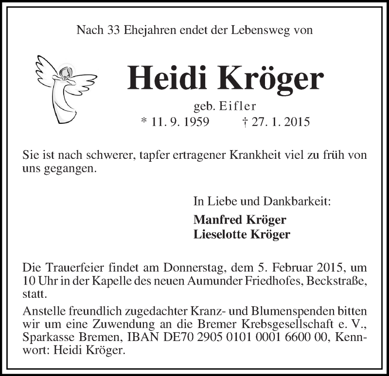  Traueranzeige für Heidi Kröger vom 31.01.2015 aus WESER-KURIER