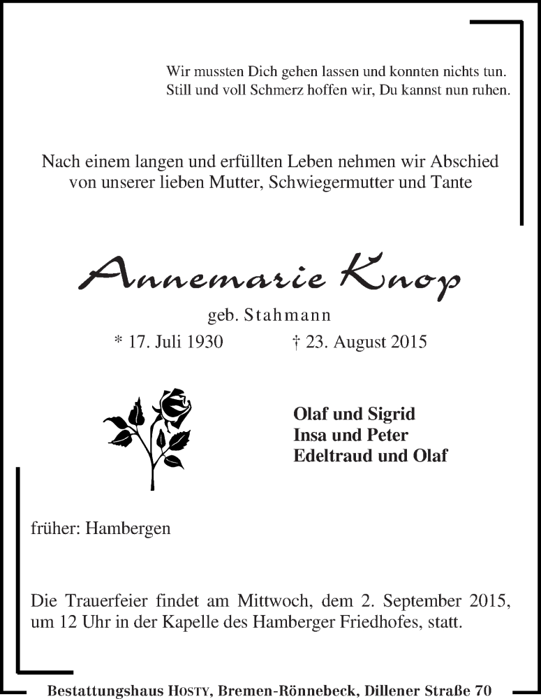  Traueranzeige für Annemarie Knop vom 28.08.2015 aus Osterholzer Kreisblatt