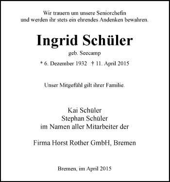 Traueranzeigen von Ingrid Schüler Trauer Gedenken