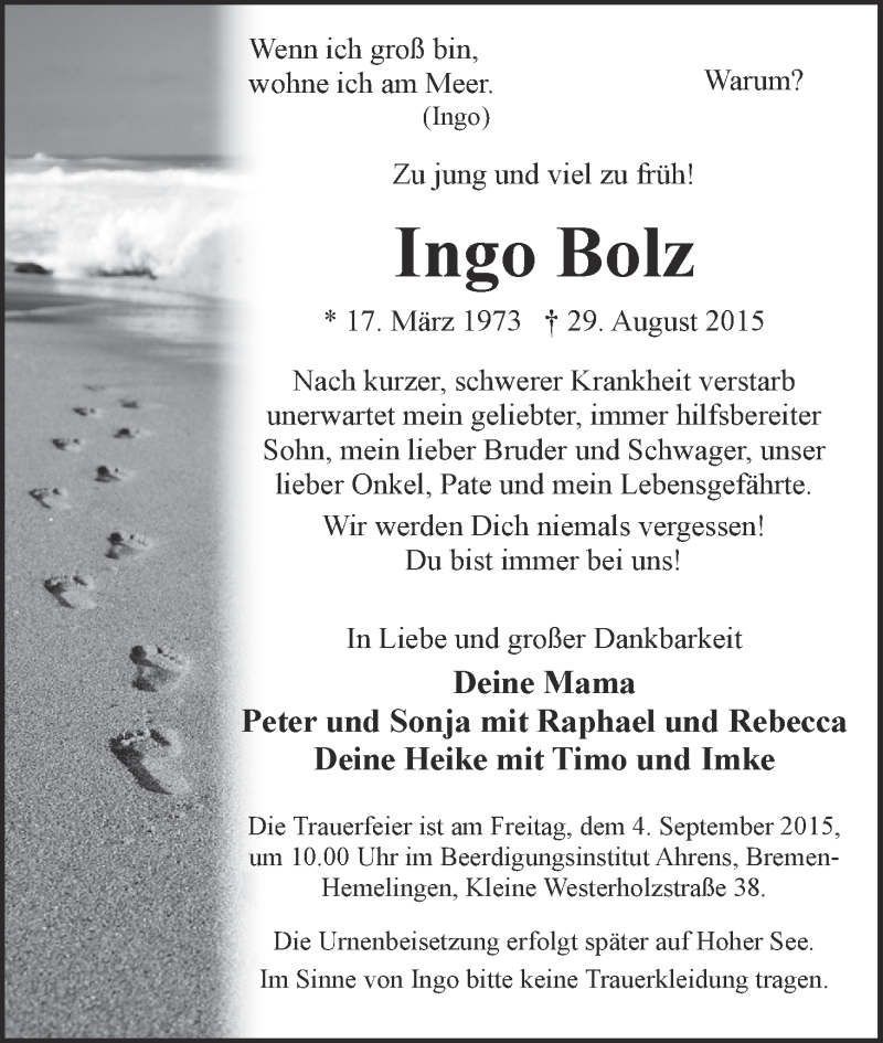  Traueranzeige für Ingo Bolz vom 02.09.2015 aus WESER-KURIER