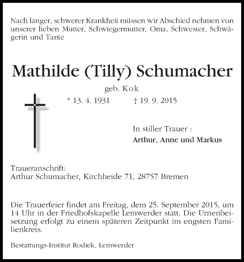 Traueranzeigen Von Mathilde Tilly Schumacher Trauer Gedenken