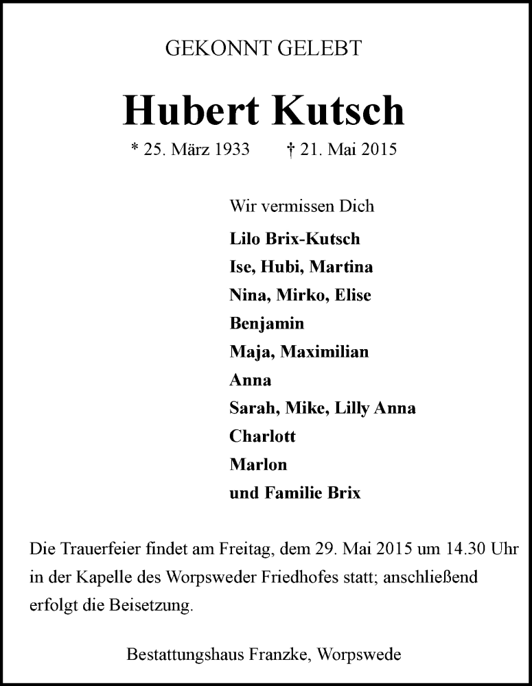  Traueranzeige für Hubert Kutsch vom 27.05.2015 aus WESER-KURIER