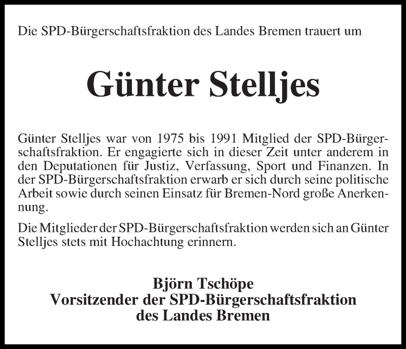  Traueranzeige für Günter Stelljes vom 12.09.2015 aus WESER-KURIER