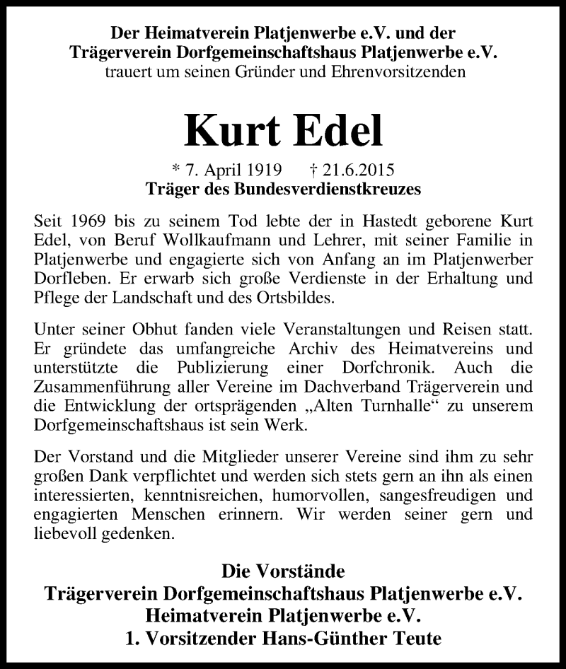  Traueranzeige für Kurt Edel vom 30.06.2015 aus Osterholzer Kreisblatt