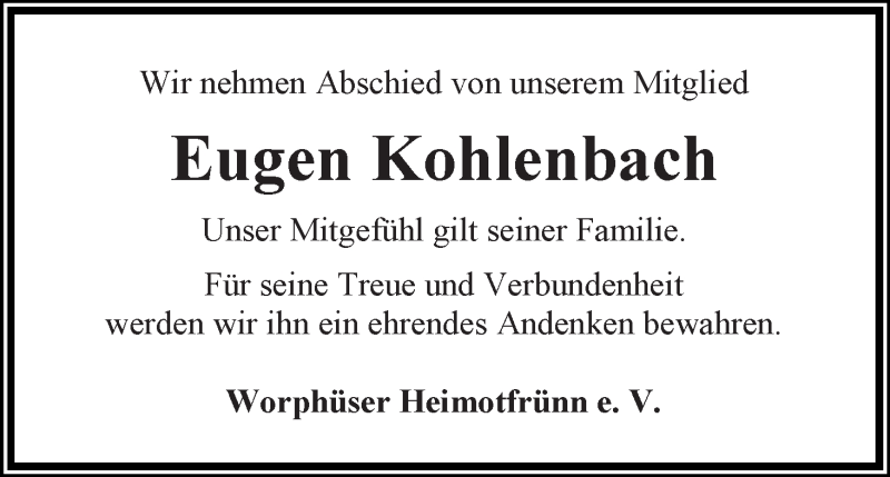  Traueranzeige für Eugen Kohlenbach vom 29.01.2016 aus Wuemme Zeitung