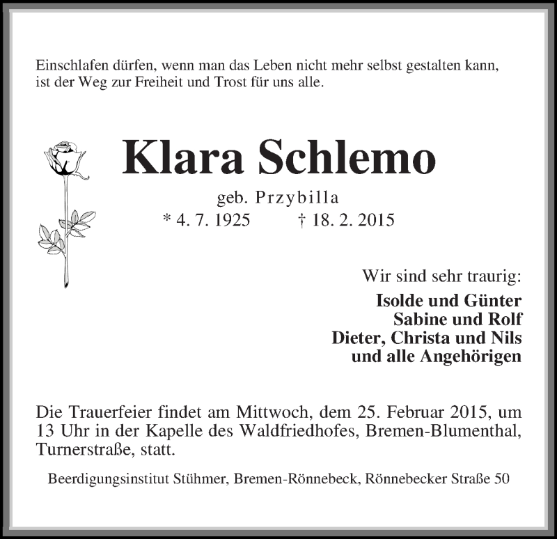  Traueranzeige für Klara Schlemo vom 21.02.2015 aus Die Norddeutsche