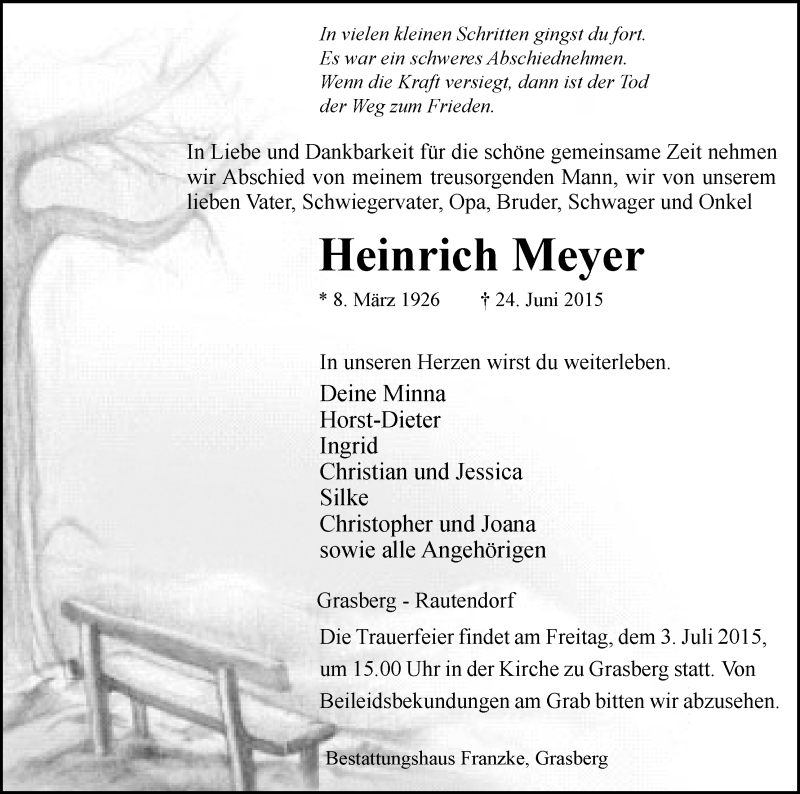 Traueranzeige für Heinrich Meyer vom 27.06.2015 aus Wuemme Zeitung