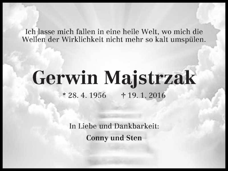  Traueranzeige für Gerwin Majstrzak vom 30.01.2016 aus Die Norddeutsche