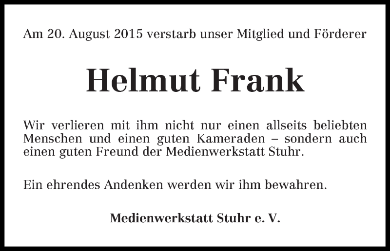  Traueranzeige für Helmut Frank vom 28.08.2015 aus Regionale Rundschau/Syker Kurier