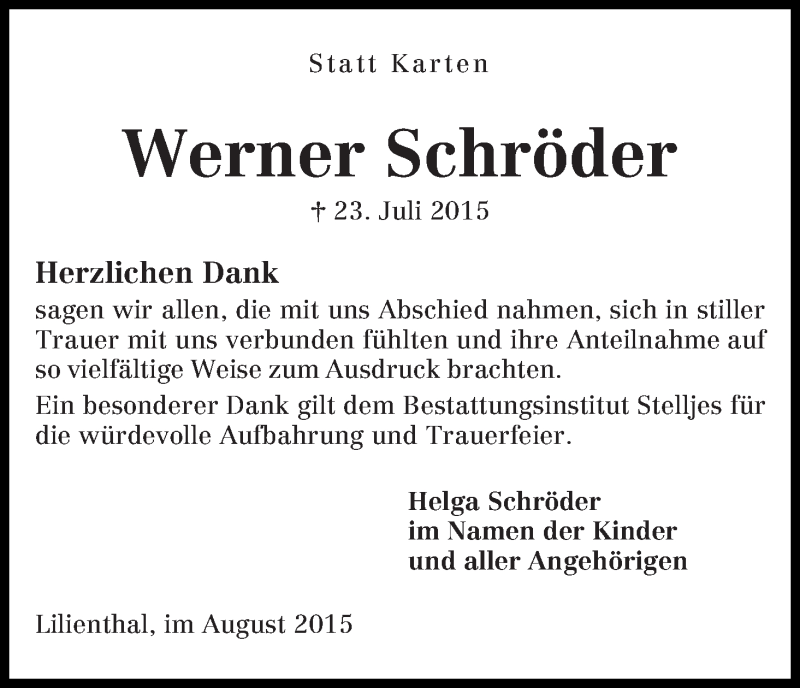  Traueranzeige für Werner Schröder vom 11.08.2015 aus Wuemme Zeitung