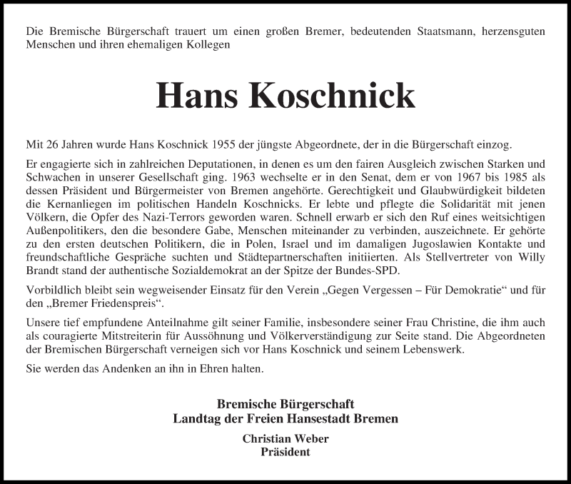  Traueranzeige für Hans Koschnick vom 23.04.2016 aus WESER-KURIER
