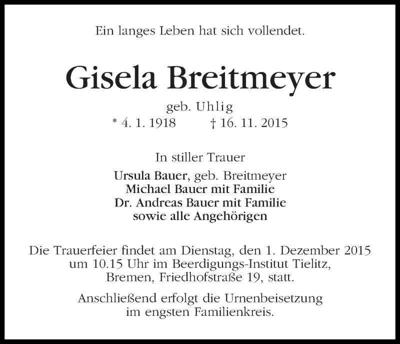  Traueranzeige für Gisela Breitmeyer vom 28.11.2015 aus WESER-KURIER