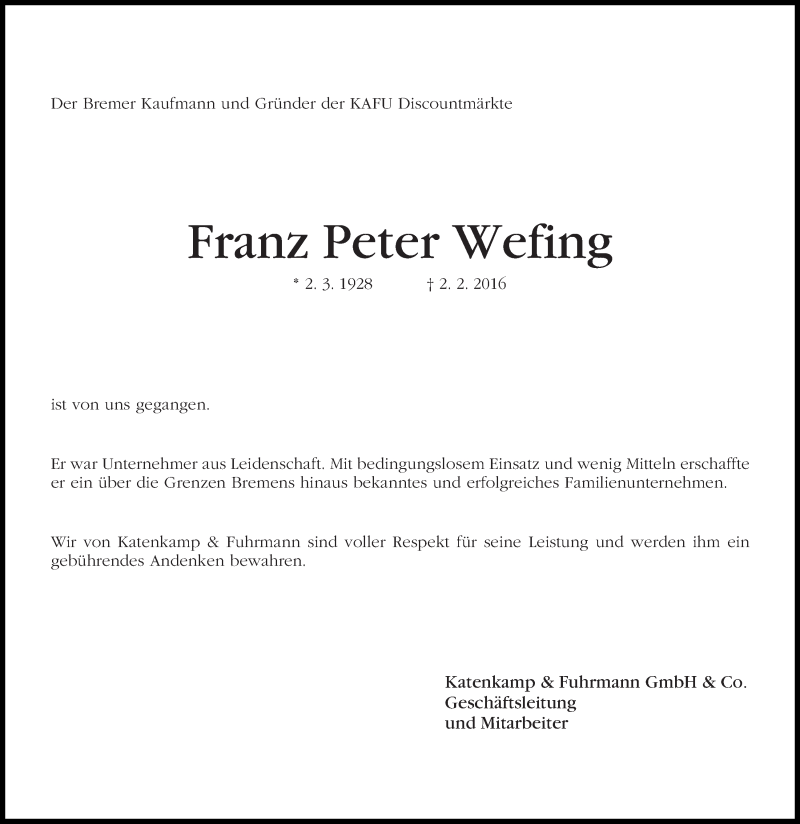  Traueranzeige für Franz Peter Wefing vom 06.02.2016 aus WESER-KURIER