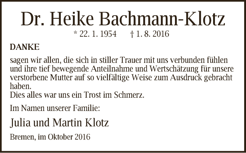  Traueranzeige für Heike Bachmann-Klotz vom 08.10.2016 aus WESER-KURIER