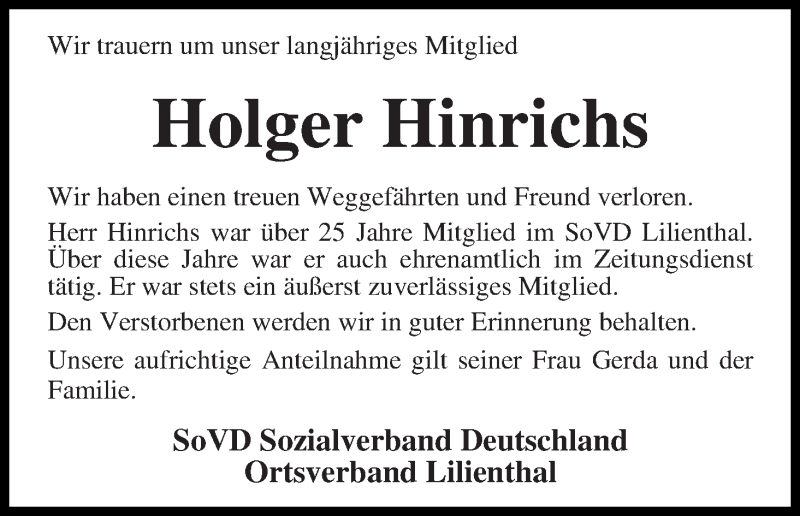 Traueranzeigen Von Holger Hinrichs Trauer Gedenken