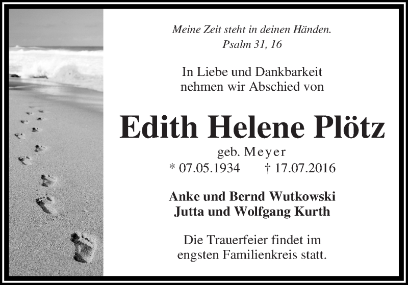  Traueranzeige für Edith Helene Plötz vom 30.07.2016 aus WESER-KURIER