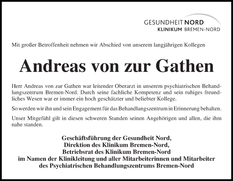  Traueranzeige für Andreas von zur Gathen vom 16.07.2016 aus WESER-KURIER