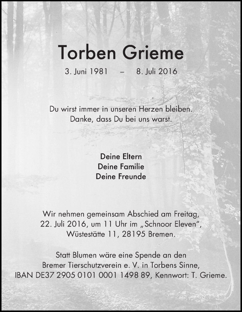  Traueranzeige für Torben Grieme vom 16.07.2016 aus WESER-KURIER