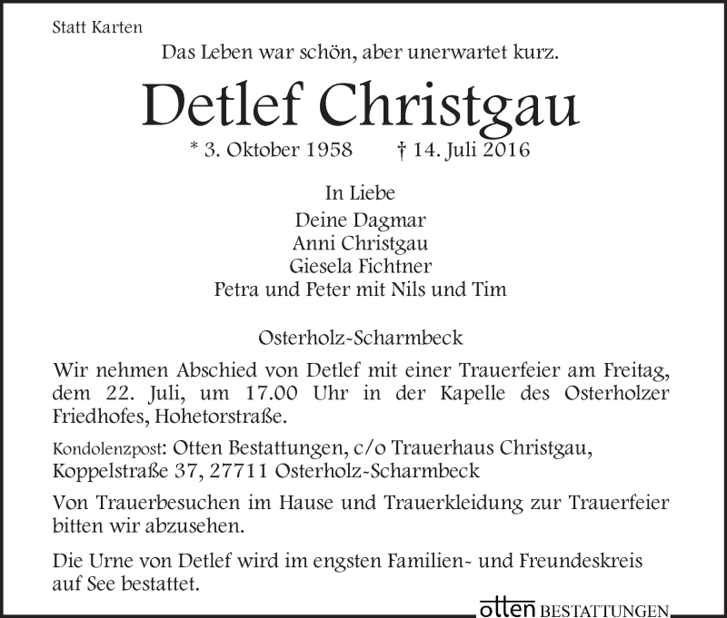  Traueranzeige für Detlef Christgau vom 16.07.2016 aus Osterholzer Kreisblatt