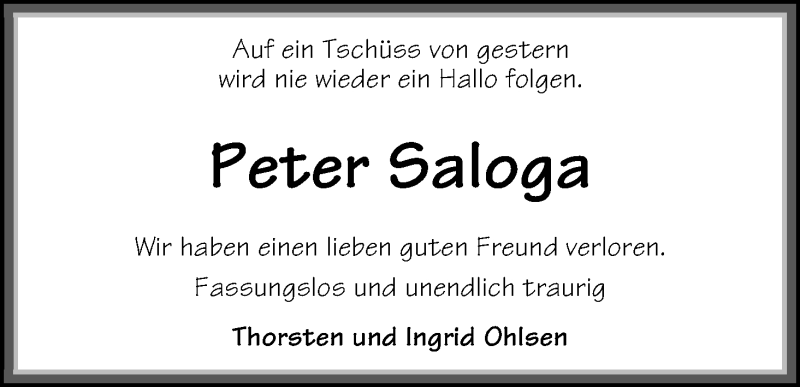  Traueranzeige für Klaus-Peter Saloga vom 25.07.2016 aus WESER-KURIER