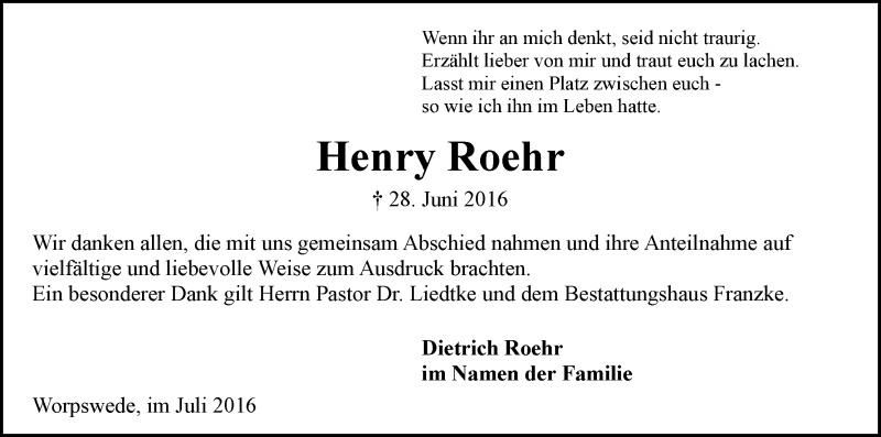  Traueranzeige für Henry Roehr vom 30.07.2016 aus Wuemme Zeitung