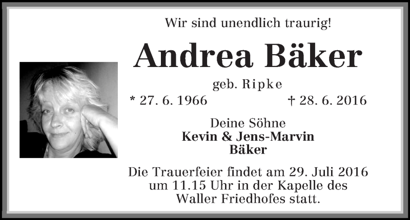  Traueranzeige für Andrea Bäker vom 16.07.2016 aus WESER-KURIER