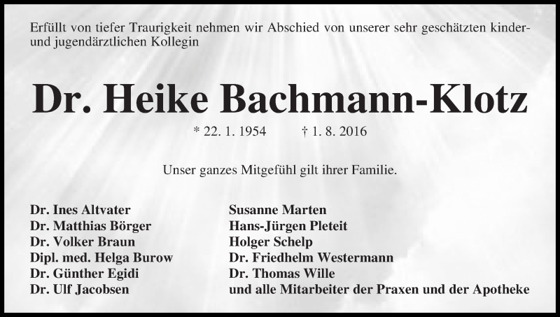  Traueranzeige für Heike Bachmann-Klotz vom 09.08.2016 aus WESER-KURIER