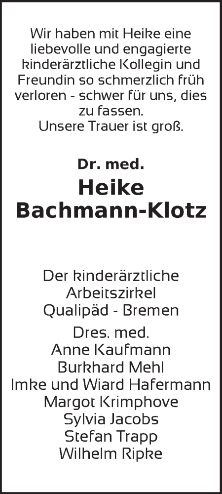  Traueranzeige für Heike Bachmann-Klotz vom 06.08.2016 aus WESER-KURIER