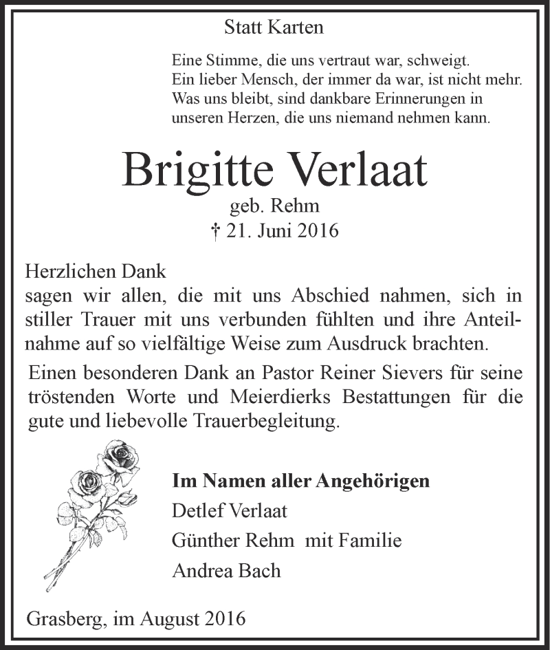  Traueranzeige für Brigitte Verlaat vom 06.08.2016 aus Wuemme Zeitung