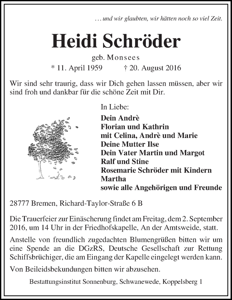  Traueranzeige für Heidi Schröder vom 30.08.2016 aus WESER-KURIER
