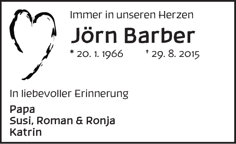  Traueranzeige für Jörn Barber vom 29.08.2016 aus WESER-KURIER