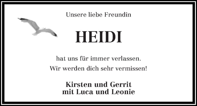  Traueranzeige für Heidi Schröder vom 30.08.2016 aus Die Norddeutsche