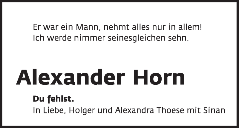  Traueranzeige für Alexander (Alexx) Horn vom 13.08.2016 aus WESER-KURIER