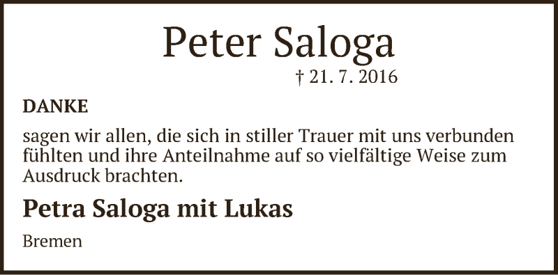  Traueranzeige für Klaus-Peter Saloga vom 06.08.2016 aus WESER-KURIER