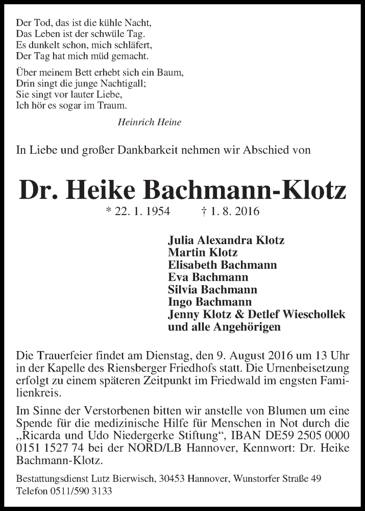  Traueranzeige für Heike Bachmann-Klotz vom 05.08.2016 aus WESER-KURIER