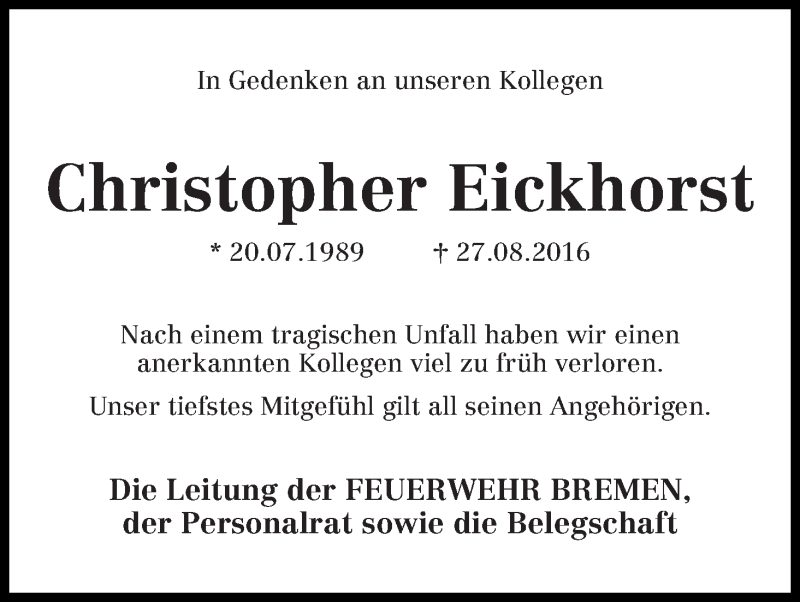  Traueranzeige für Christopher Eickhorst vom 31.08.2016 aus WESER-KURIER