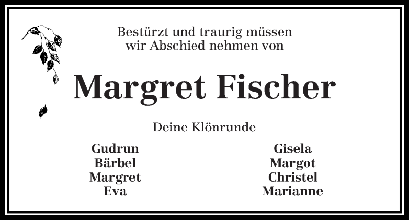  Traueranzeige für Margret Fischer vom 03.08.2016 aus Die Norddeutsche
