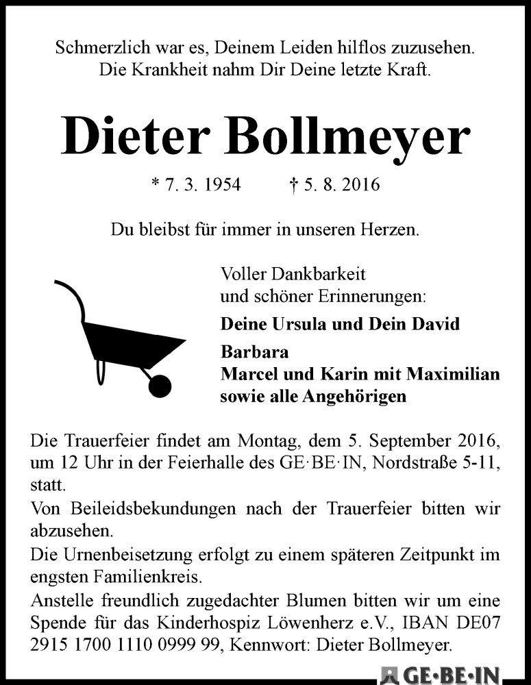  Traueranzeige für Dieter Bollmeyer vom 17.08.2016 aus WESER-KURIER