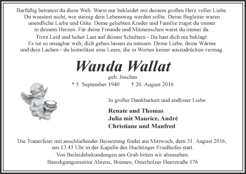  Traueranzeige für Wanda Wallat vom 27.08.2016 aus WESER-KURIER