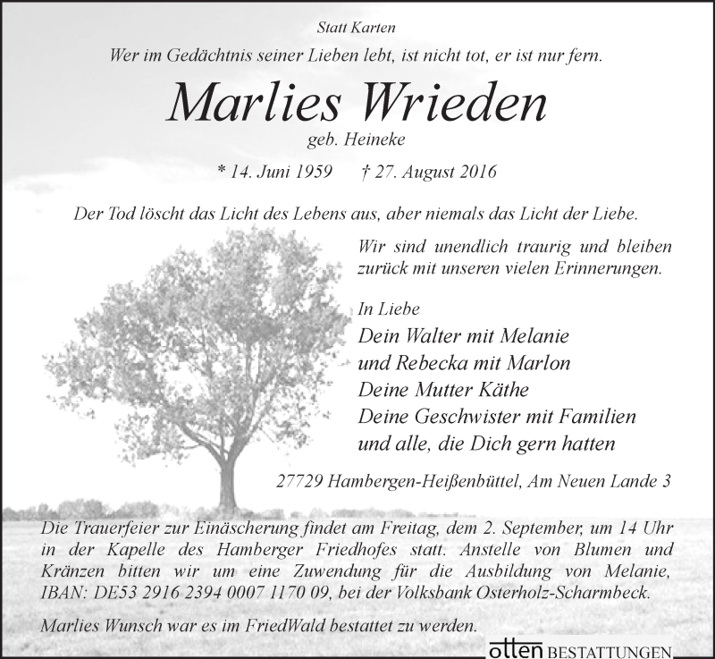  Traueranzeige für Marlies Wrieden vom 30.08.2016 aus Osterholzer Kreisblatt
